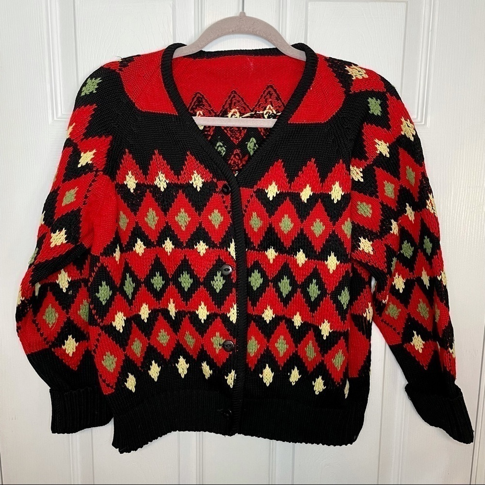 VINTAGE Cottage Core Handmade Knit Printed Red Cardigan Sweater small